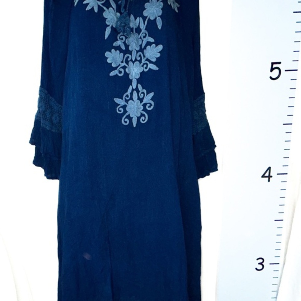 Studio West Apparel Dark Blue Bohemian Dress Floral Accents Medium